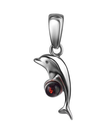 Silver Dolphin Pendant With Cherry Amber Ball, image 