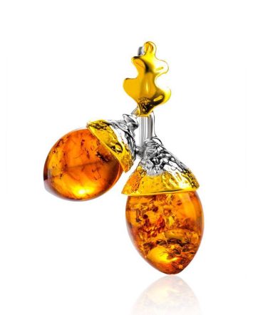 Gold Plated Brooch With Cognac Amber The Acorns, image 