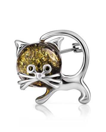Green Amber Brooch In Sterling Silver The Kitten, image 