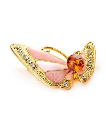 Gold Plated Butterfly Brooch With Amber And Crystals The Beoluna, image 