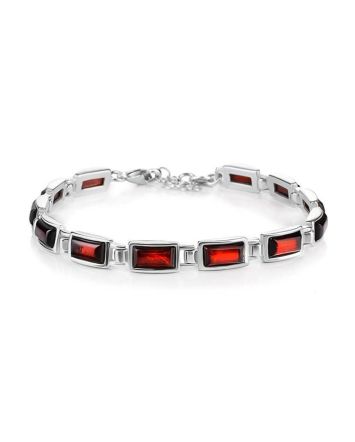 Geometric Silver Link Bracelet With Cherry Amber, image 