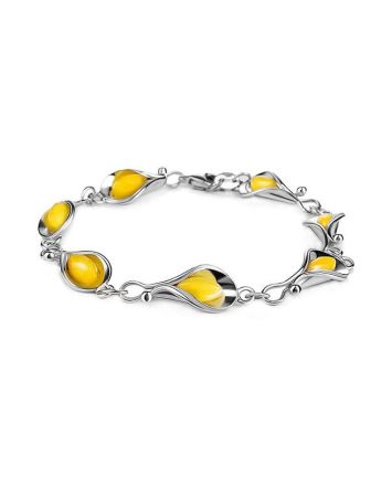 Flower Motif​ Sterling Silver Link Bracelet With Baltic Amber The Calla Lily, image 