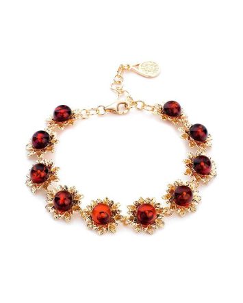 Gold Plated Link Bracelet With Cherry Amber Stones The Aster, image 