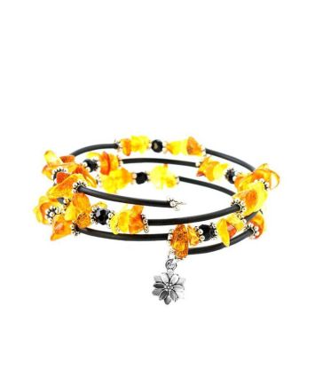 Amazing Clover Charm Bangle Bracelet With Natural Amber And Glass Beads, image 
