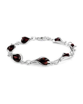 Flower Motif​ Sterling Silver Link Bracelet With Baltic Amber The Calla Lily, image 