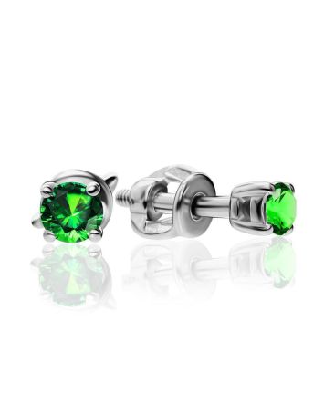 Silver Stud Earrings With Bright Green Crystals, image 