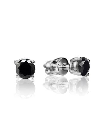 Minimalistic Silver Stud Earrings With Black Crystals, image 