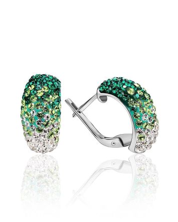 Cute Silver Earrings With Green And White Crystals, image 