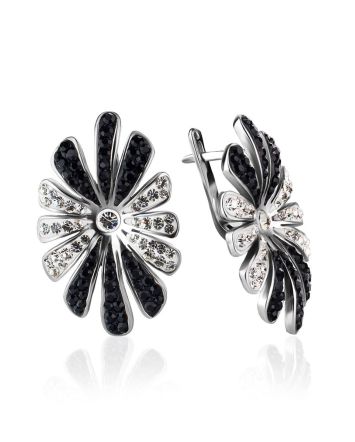 Silver Floral Earrings With Black And White Crystals The Eclat, image 