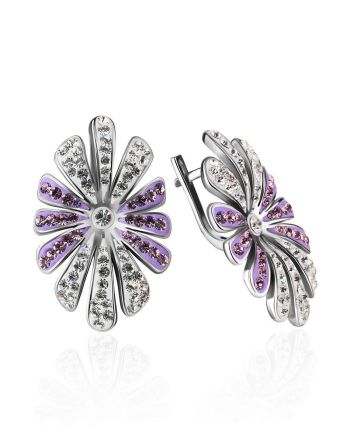 Silver Floral Earrings With White And Lilac Crystals The Eclat, image 