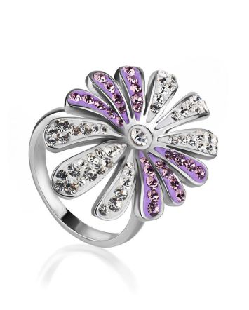 Silver Floral Ring With White And Lilac Crystals The Eclat, Ring Size: 6 / 16.5, image 