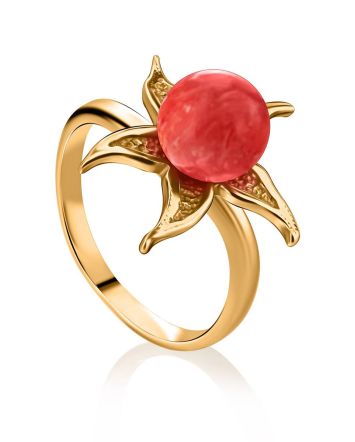Gold-Plated Floral Ring With Reconstructed Coral The Persimmon, Ring Size: 6 / 16.5, image 