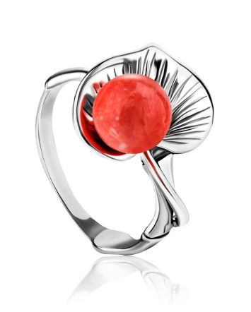 Floral Silver Ring With Reconstructed Coral Centerpiece The Kalina, Ring Size: 8 / 18, image 