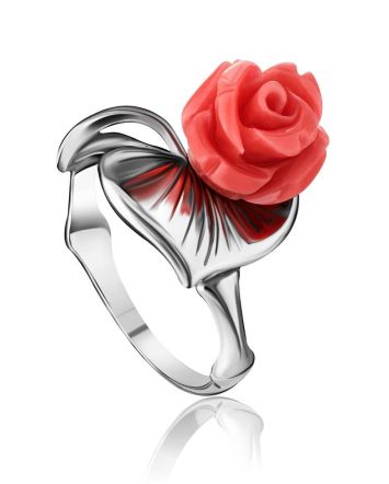 Silver Flower Ring With Bright Reconstructed Coral The Kalina, Ring Size: 6 / 16.5, image 