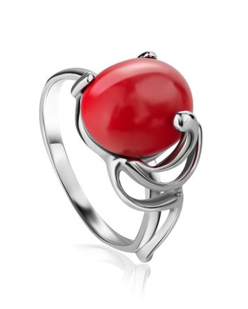 Sterling Silver Ring With Oval Reconstructed Coral Centerpiece, Ring Size: 8.5 / 18.5, image 