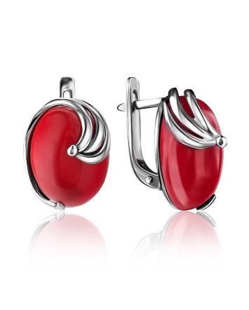 Oval Silver Earrings With Red Reconstructed Coral, image 
