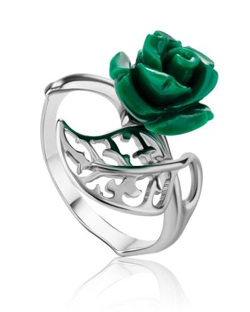 Sterling Silver Ring With Reconstructed Malachite Flower The Kalina, Ring Size: 5.5 / 16, image 