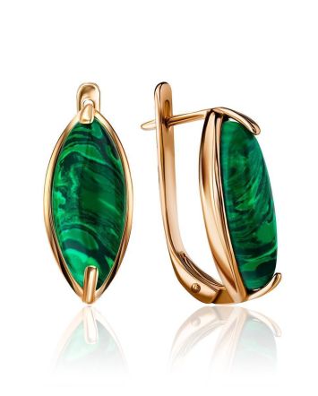 Gold-Plated Earrings With Reconstructed Malachite Centerstones, image 