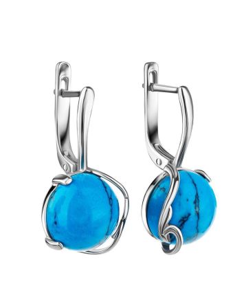 Sterling Silver Earrings With Round Reconstructed Turquoise Centerpieces, image 