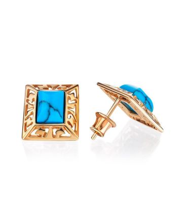 Ornate Gold-Plated Stud Earrings With Reconstructed Turquoise The Ithaca, image 