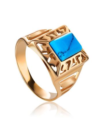 Gold-Plated Signet Ring With Reconstructed Turquoise The Ithaca, Ring Size: 8.5 / 18.5, image 