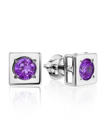 Square Silver Studs With Violet Crystals The Aurora, image 