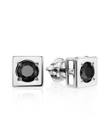 Square Silver Earrings With Black Crystals The Aurora, image 