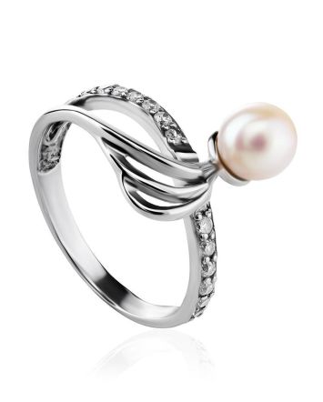 Classy Silver Ring With Cultured Pearl And Crystals The Serene, Ring Size: 6.5 / 17, image 