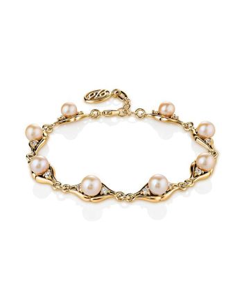 Gold-Plated Link Bracelet With Cultured Pearl And Crystals The Serene, image 