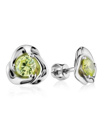 Silver Floral Studs With Light Green Crystals The Aurora, image 