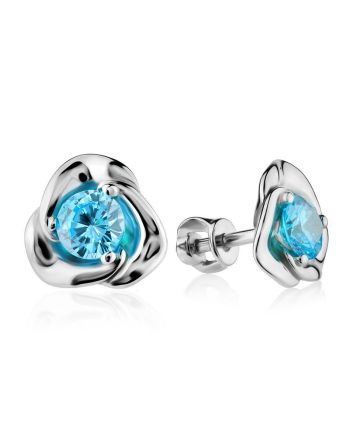 Silver Floral Studs With Light Blue Crystals The Aurora, image 