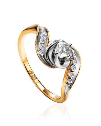 Curvy Golden Ring With White Diamonds, Ring Size: 7 / 17.5, image 