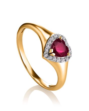 Elegant Golden Ring With Heart Shaped Ruby And Diamonds, Ring Size: 8 / 18, image 