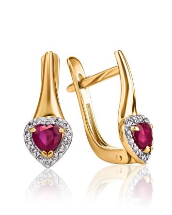 Golden Earrings With Heart Shaped Ruby And Diamonds, image 