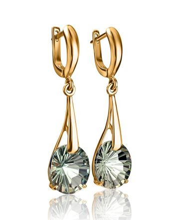 Golden Dangle Earrings With Pale Green Prasiolites, image 