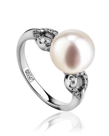 Chic White Gold Ring With Cultured Pearl And Diamonds The Serene, Ring Size: 6 / 16.5, image 
