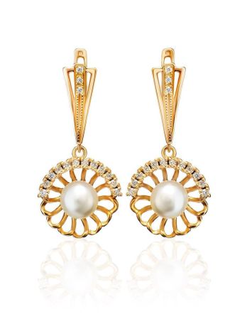 Gold-Plated Floral Dangles With Cultivated Pearl And Crystals The Serene, image 