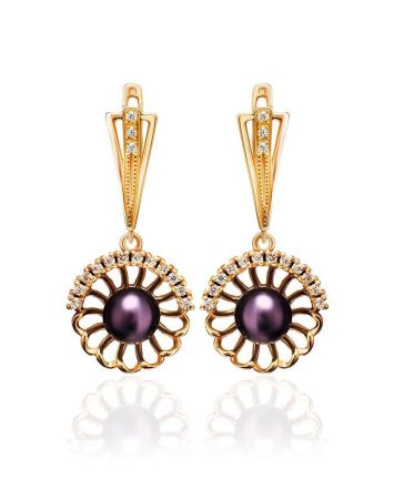 Gold-Plated Floral Dangles With Deep Purple Cultured Pearls And Crystals The Serene, image 