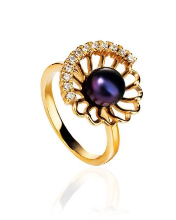 Gold-Plated Floral Ring With Deep Purple Cultured Pearl And Crystals The Serene, Ring Size: 8 / 18, image 
