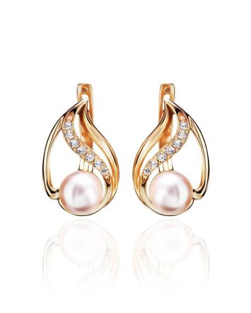 Refined Gold-Plated Earrings With Cultured Pearl And White Crystals The Serene, image 