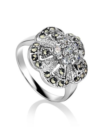 Silver Floral Ring With Crystals And Marcasites The Lace, Ring Size: 7 / 17.5, image 