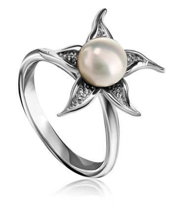 Silver Floral Ring With White Cultured Pearl The Persimmon, Ring Size: 6.5 / 17, image 