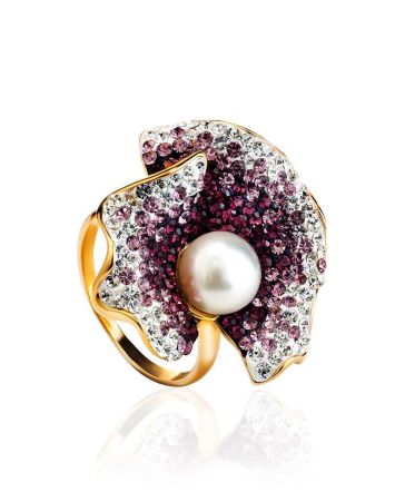 Bold Gold-Plated Floral Ring With Purple Crystals And Cultured Pearl The Jungle, Ring Size: 9.5 / 19.5, image 