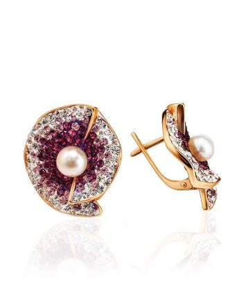 Floral Gold-Plated Earrings With Crystals And Cultured Pearls The Jungle, image 