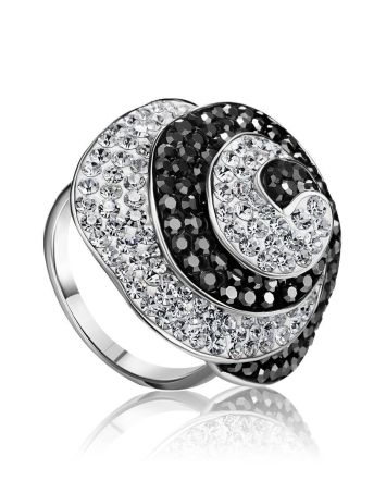 Silver Cocktail Ring With Black And White Crystals The Jungle, Ring Size: 7 / 17.5, image 