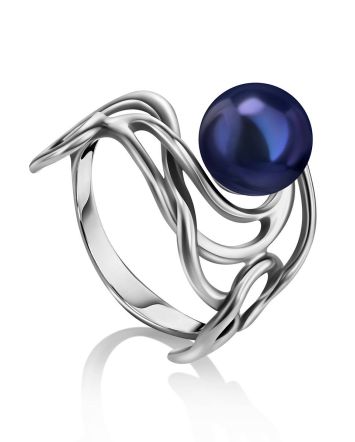 Voluptuous Silver Cocktail Ring With Deep Purple Cultured Pearl The Serene, Ring Size: 6 / 16.5, image 