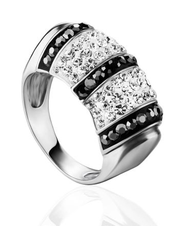Sterling Silver Cocktail Ring With Black And White Crystals The Eclat, Ring Size: 6 / 16.5, image 