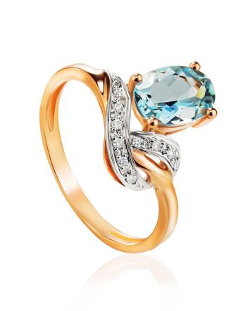 Golden Ring With Aquamarine Centerpiece And Diamonds, Ring Size: 8.5 / 18.5, image 