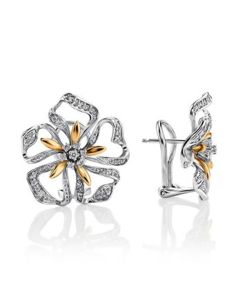 White Gold Floral Earrings With Diamonds, image 