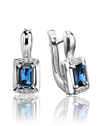 Geometric White Gold Earrings With Sapphire Centerstone And Diamonds The Mermaid, image 